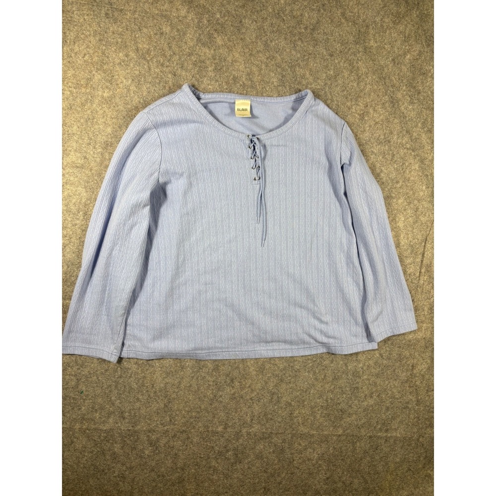 Blair Womens Blue Ribbed Lace Up Long Sleeve Casual Top XL